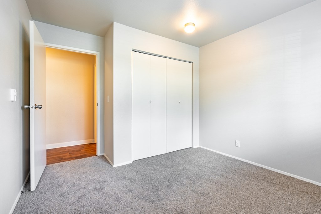 a bedroom with white walls and gray carpet