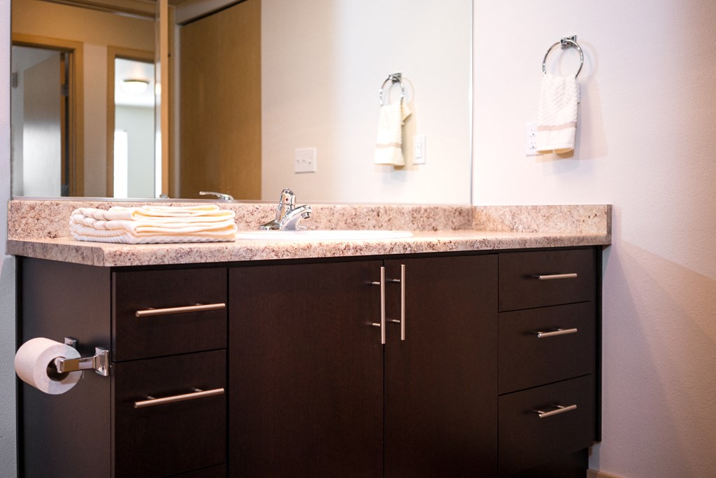a bathroom with a sink and a mirror