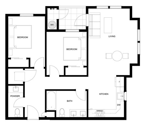 A black and white floor plan of a house with labeled rooms.