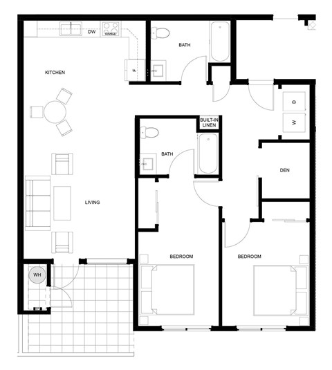 A black and white floor plan of a house with labeled rooms.