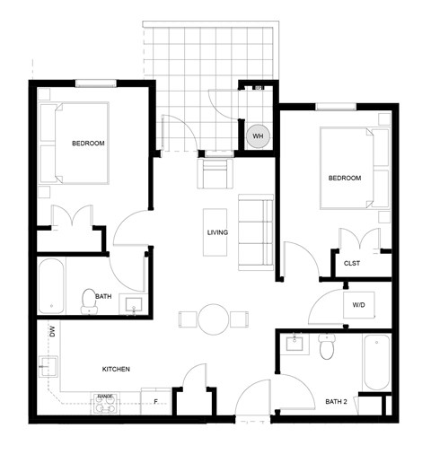 A black and white floor plan of a house with labeled rooms.