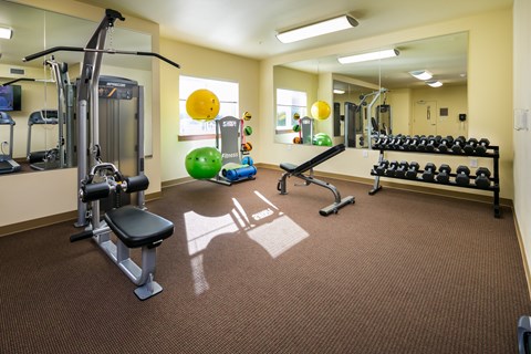 a gym with weights and other equipment in a room with a mirror