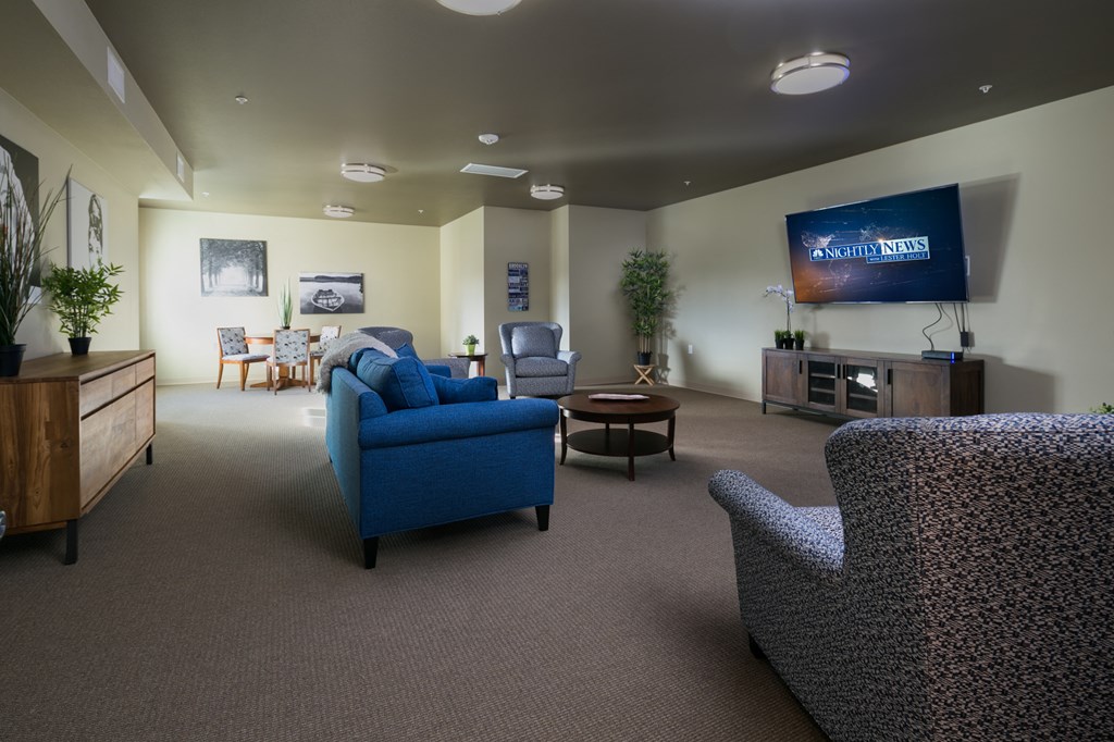 a living room with couches and chairs and a television