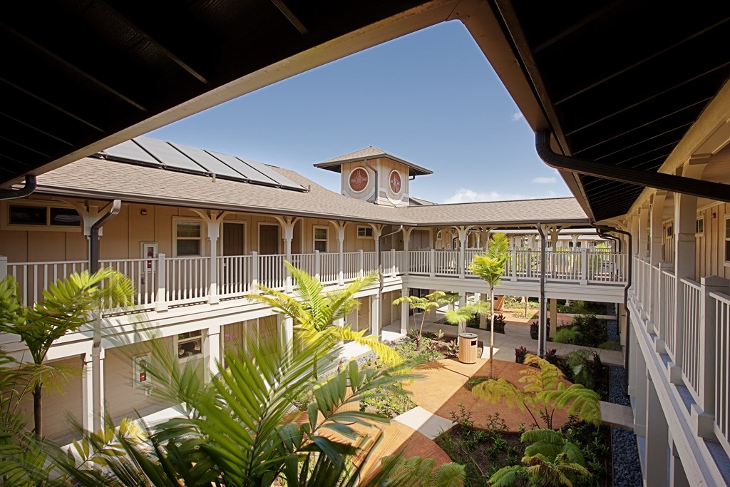 a view of the courtyard of a building with palm trees