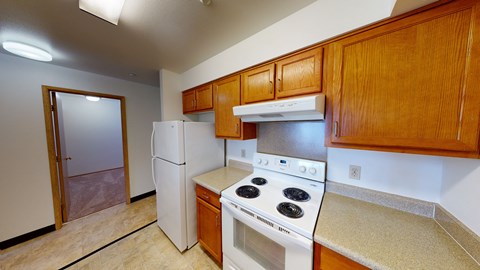 a kitchen with white appliances and wooden cabinets and a white refrigerator