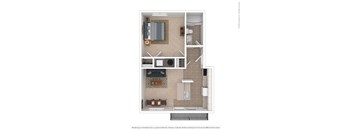 A floor plan of a small apartment with a kitchen, living room, and bathroom.