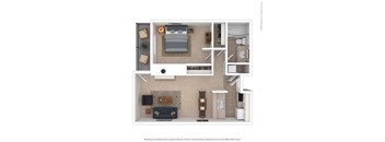 A floor plan of a small apartment with a bedroom, living room, and bathroom.