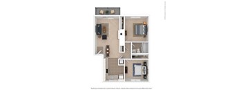 A floor plan of a small apartment with a kitchen, living room, and bathroom.