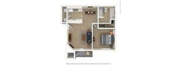 A floor plan of a small apartment with a kitchen, living room, and bedroom.