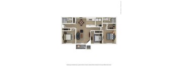 A floor plan of a house with a kitchen, living room, dining room, and bathrooms.