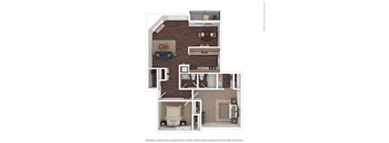 A floor plan of a house with a living room, kitchen, and two bedrooms.
