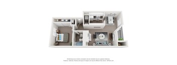 A 3D floor plan of a house with a kitchen, living room, and bathroom.