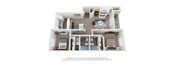 A 3D floor plan of a small apartment with a kitchen, living room, and two bedrooms.