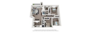 A 3D floor plan of a house with a kitchen, living room, and two bedrooms.