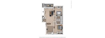 A floor plan of a small apartment with a kitchen, living room, and two bedrooms.
