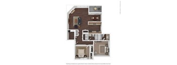 A floor plan of a house with a kitchen, living room, dining room, and two bedrooms.