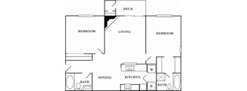 A black and white drawing of a house layout with a deck, two bedrooms, a living room, a dining room, a kitchen, and two bathrooms.