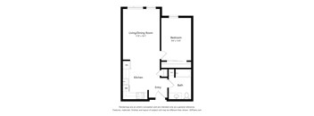 A floor plan of a small apartment with a living/dining room, kitchen, bath, and bedroom.