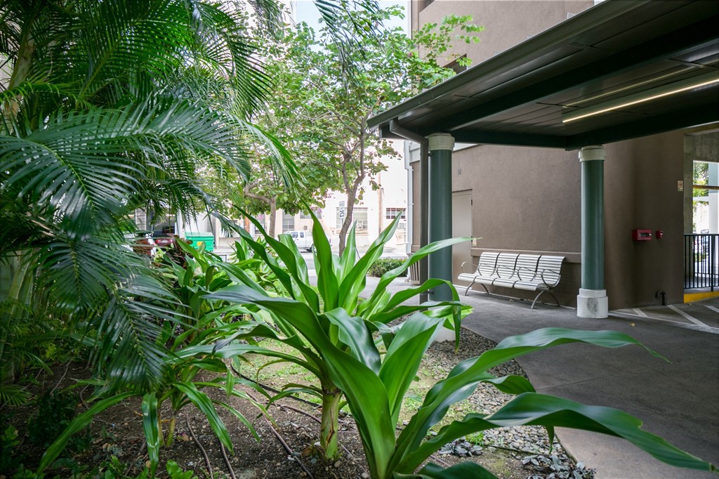 a bench in front of a building and some plants