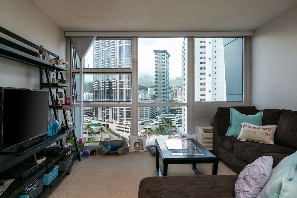 our living room with a view of the city