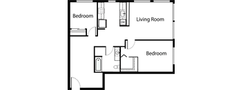 A floor plan of a living room and two bedrooms.
