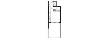 A floor plan of a room with a kitchen area and a bathroom.