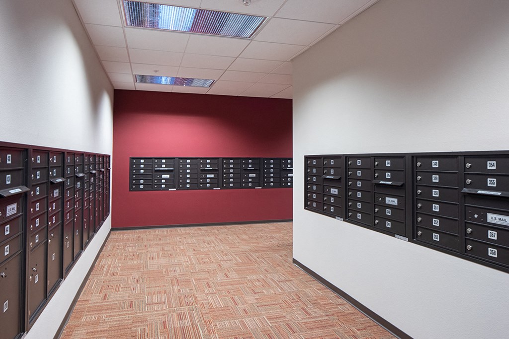 a wall of lockers in a room with a red wall