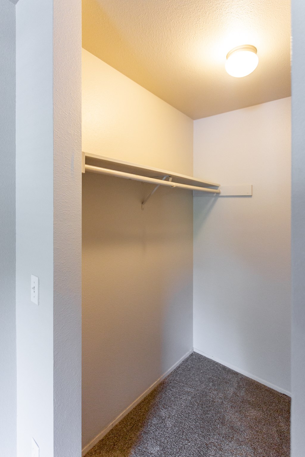 an empty closet with a hanging rail and a carpeted floor