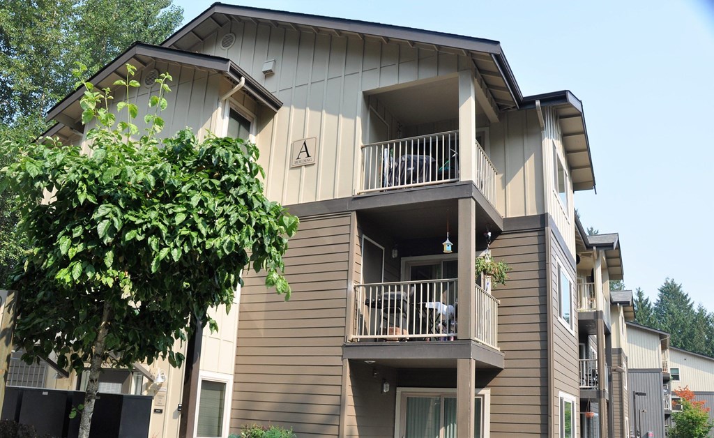 Apartment building with balconies and a tree in front.