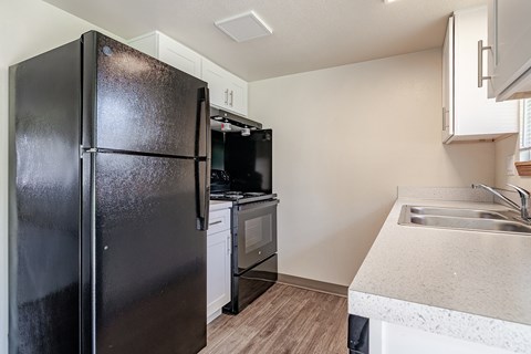 A black refrigerator stands in a kitchen with a sink and stove.