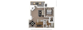 A 3D floor plan of a house with a living room, kitchen, dining room, and bedrooms.