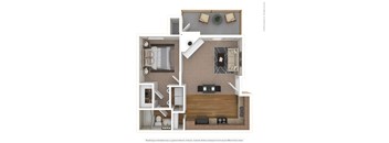 A 3D rendered image of a modern apartment layout.
