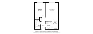 A floor plan of a small apartment with a bedroom, living room, dining room, kitchen, bathroom, entry and storage.