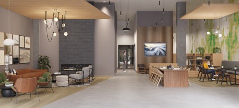 A modern office space with a large screen TV mounted on the wall.
