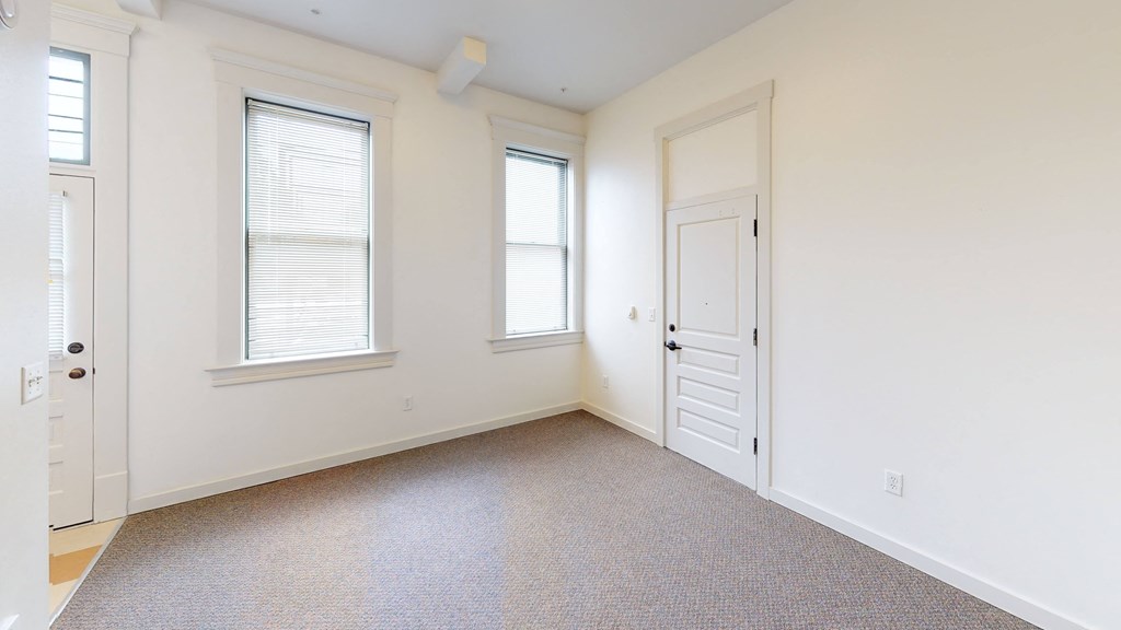 a bedroom with a door and two windows and a carpeted floor