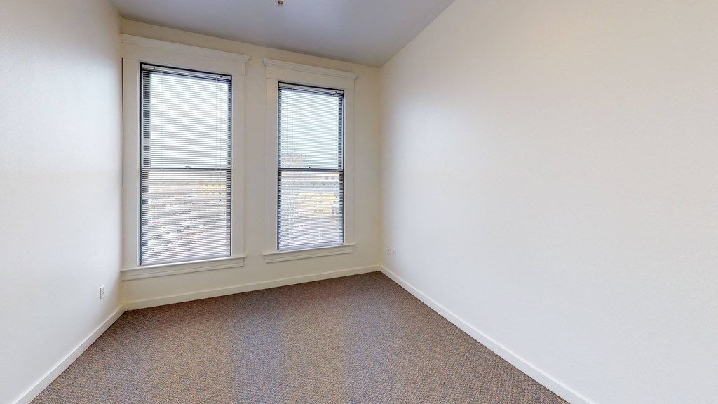 a bedroom with two windows and a carpeted floor