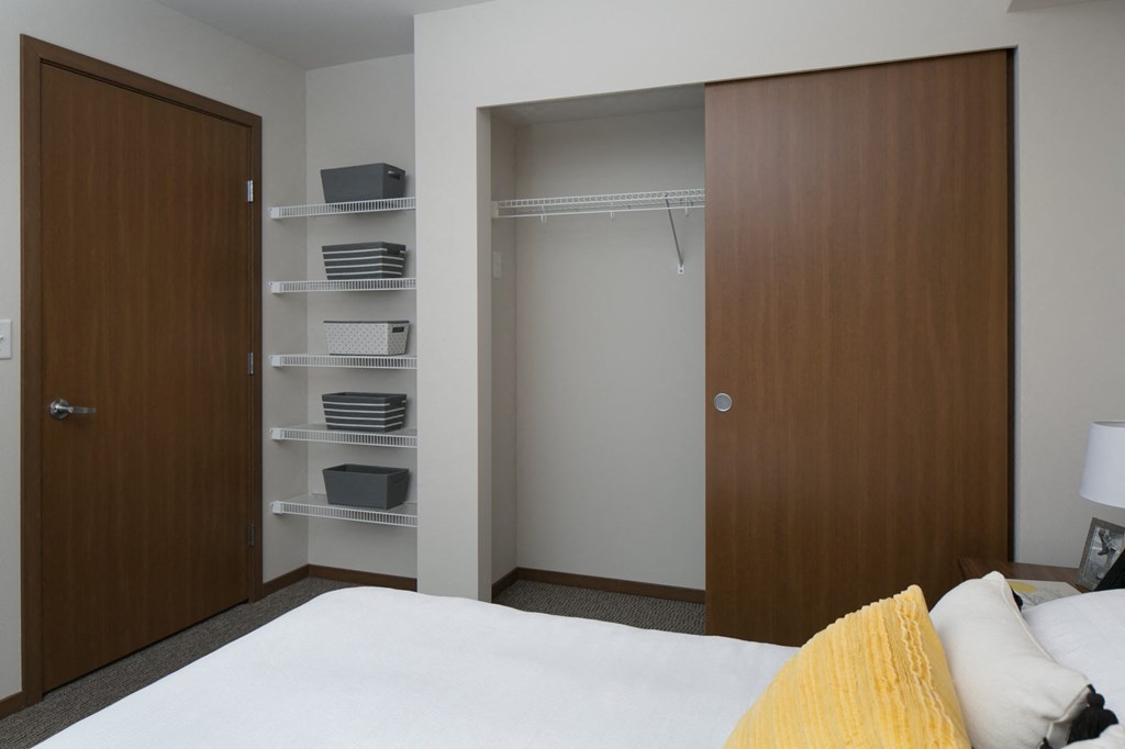 a bedroom with a closet and a bed