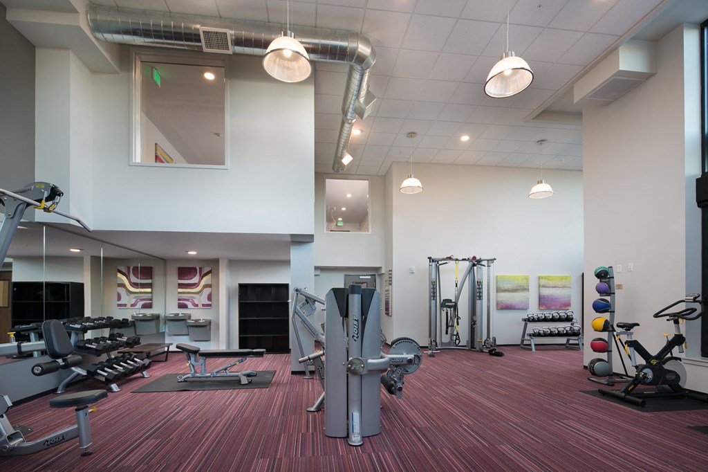 a gym with cardio equipment and weights on a wooden floor