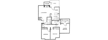 A floor plan of a house with a living room, two bedrooms, a kitchen, a bathroom, a storage area, a dining room, and a patio.