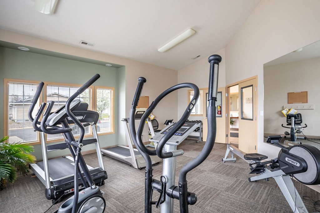 a gym with cardio equipment and weights at the enclave apartments