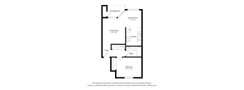 A floor plan of a small apartment with a living room, dining room, kitchen, bathroom, and two bedrooms.