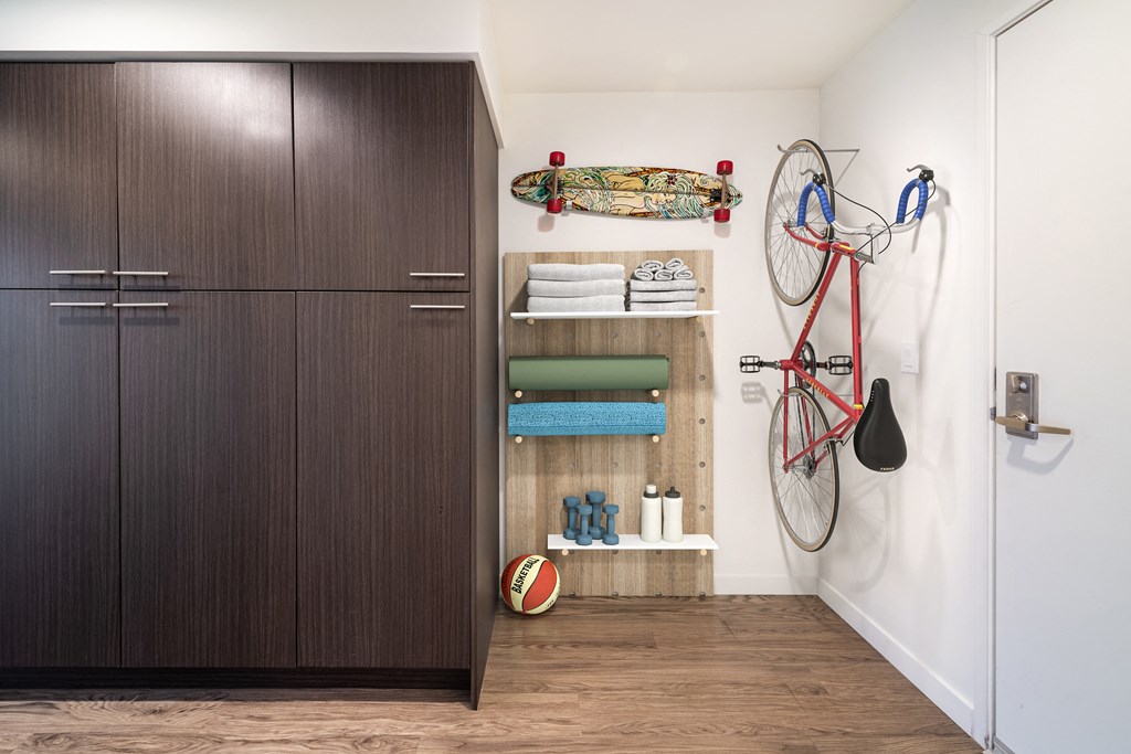 a closet with a wooden door and a bike hanging on the wall