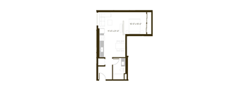A floor plan of a room with dimensions and furniture layout.
