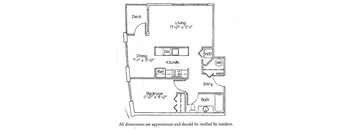A floor plan of a small apartment with a deck, dining area, kitchen, bathroom, bedroom, and living room.