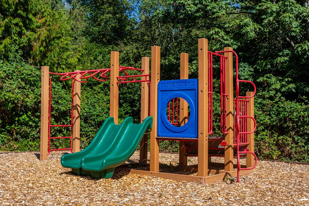 a playground with a slide and other playground equipment
