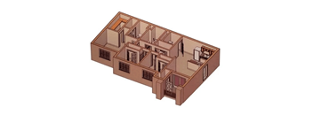 A 3D diagram of a building with multiple rooms and windows.