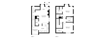 A floor plan shows two levels of a house with labeled rooms and dimensions.