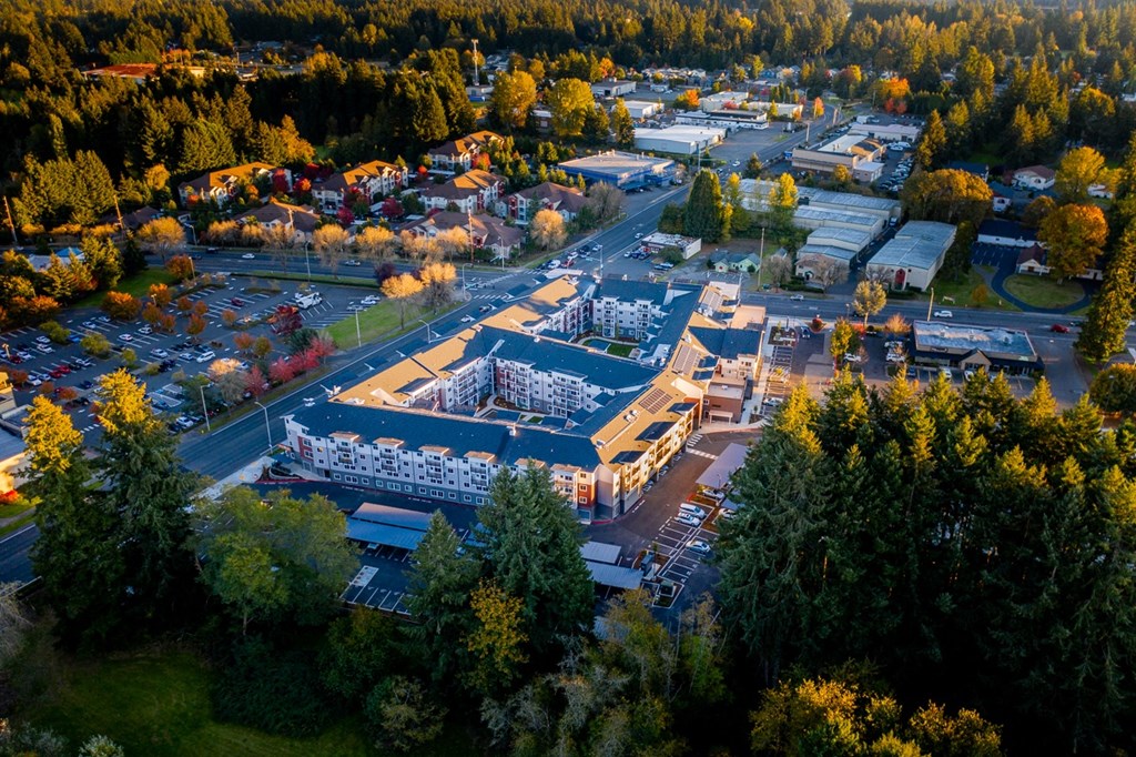 an aerial view of a building in a city with trees