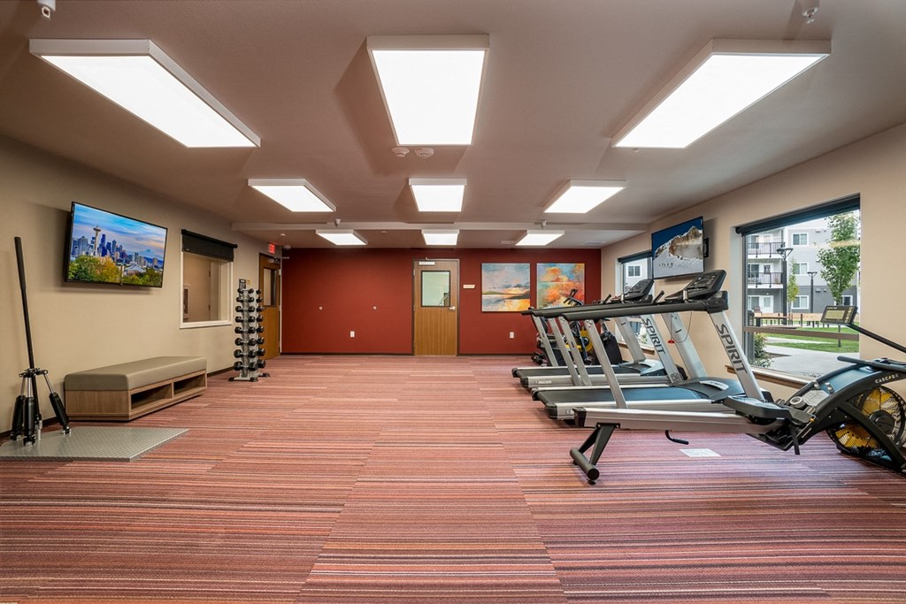 a gym with exercise equipment and paintings on the wall