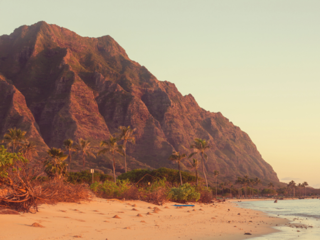 a beach with a mountain in the background